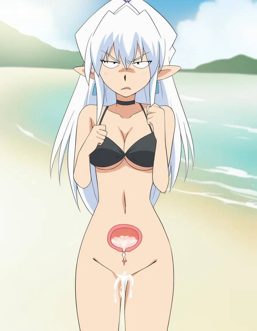x-ray, cum_in_pussy, impregnation, beach, bikini_top_only, annoyed, white_hair, long_hair, standing, sex_from_behind, (anime style:1.3), 2d, anime screencap, cel shading, flat color, @00osamio00