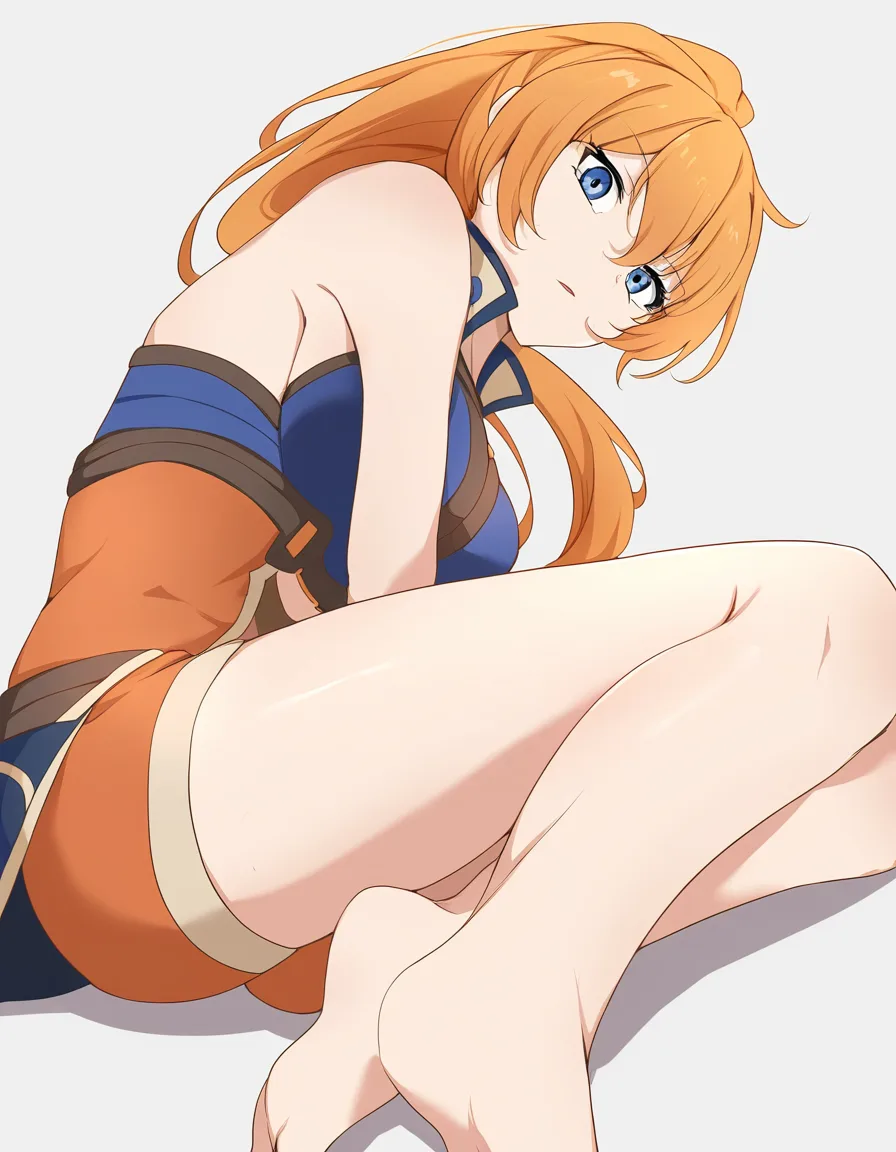 anime yuri orange_hair blue_eyes 2girls blonde_hair barefoot white_background skirt bare_shoulders shorts, hentai_studio_quality