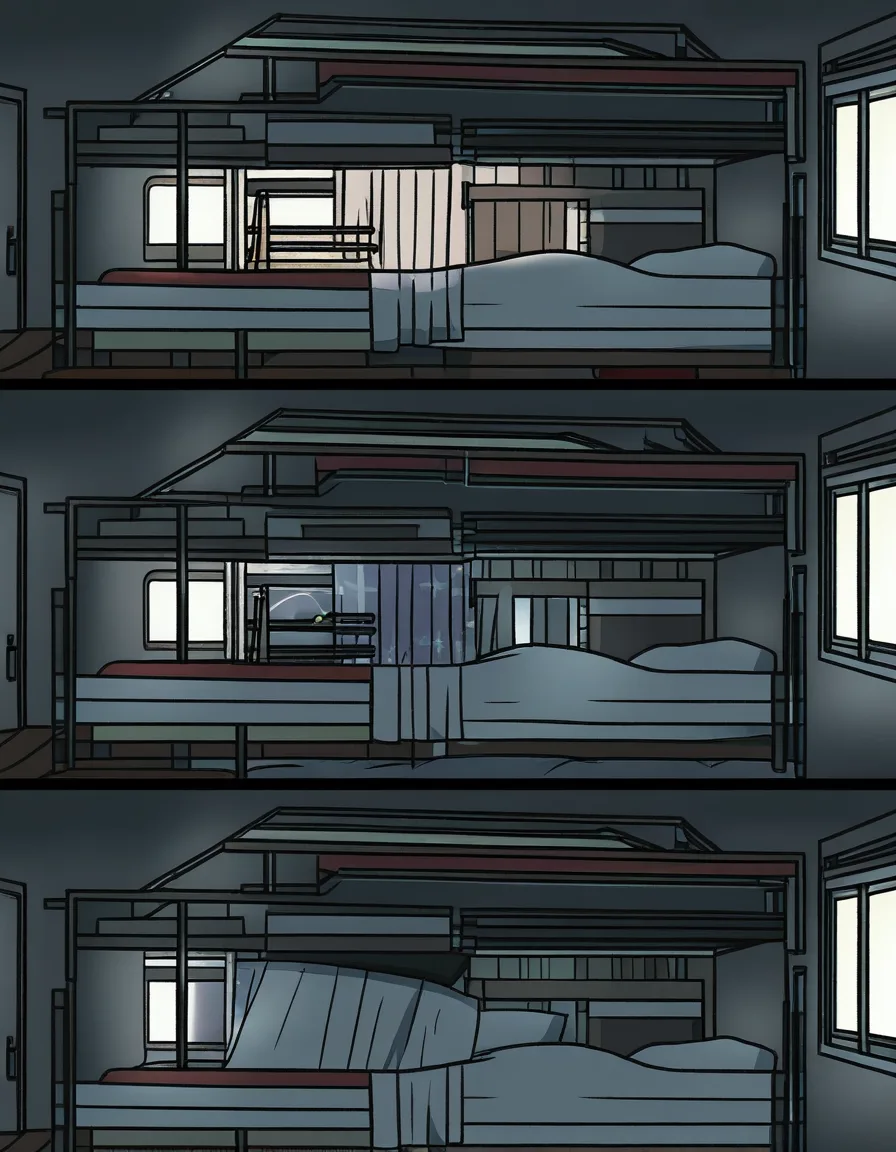 The scene takes place inside a train cabin with two sets of double-decker beds (bunk beds).
On the left side of the cabin, there is one double bed setup:
The girlfriend is sitting on the upper bunk.
Her mother is sitting on the lower bunk directly beneath her.
On the right side of the cabin, there is another double bed setup:
You are sitting on the lower bunk.
Your girlfriend’s friend is sitting on the upper bunk above you.
All four characters are in the same small cabin, each occupying a different bunk. The arrangement creates a slightly cramped, intimate atmosphere typical of overnight train travel, with everyone close together but on separate beds., hentai_studio_quality