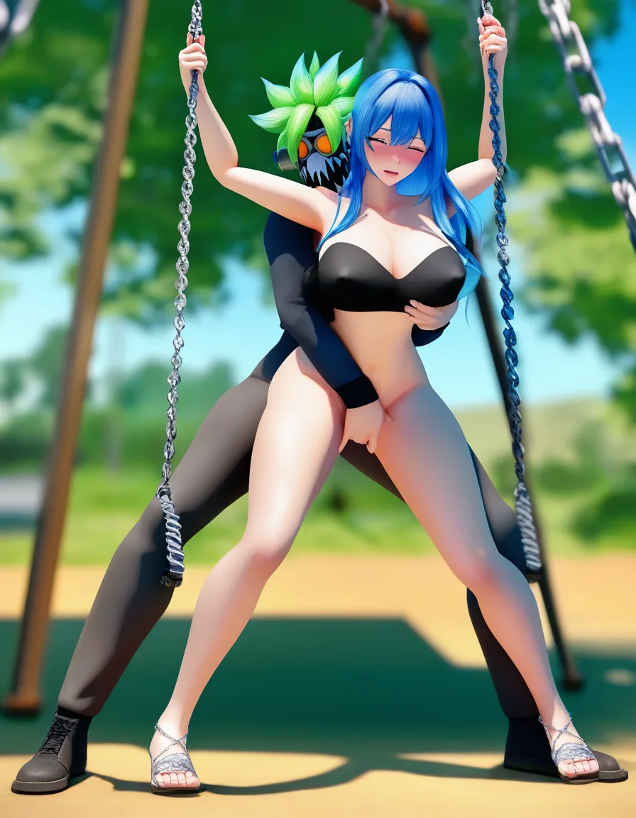 2women yuri sex hugging on swing set, orgasm. on swing set in park, swing up, swinging forward, legs lifting skirt to show no panties, female_pubic_hair , shirt open to see pert breasts, erect nipples, silver lace sandals, hugging, fingering, mutual female_masturbation, blue hair, green hair, score_9, score_8, 3d render, octane render, subsurface scattering, ray tracing, smooth shading, score_9, score_8, 3d render, octane render, subsurface scattering, ray tracing, smooth shading