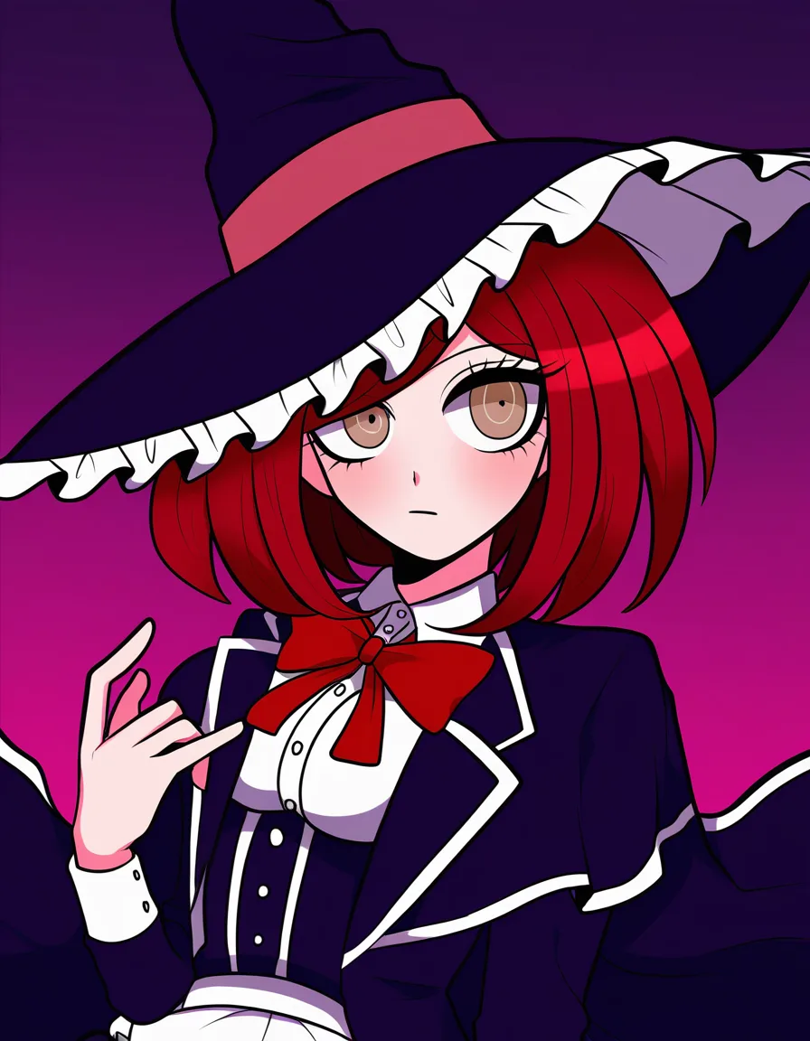 Himiko Yumeno from Danganronpa V3, magic school girl outfit, red hair, brown eyes, gradient background, natural beauty,, hentai_studio_quality