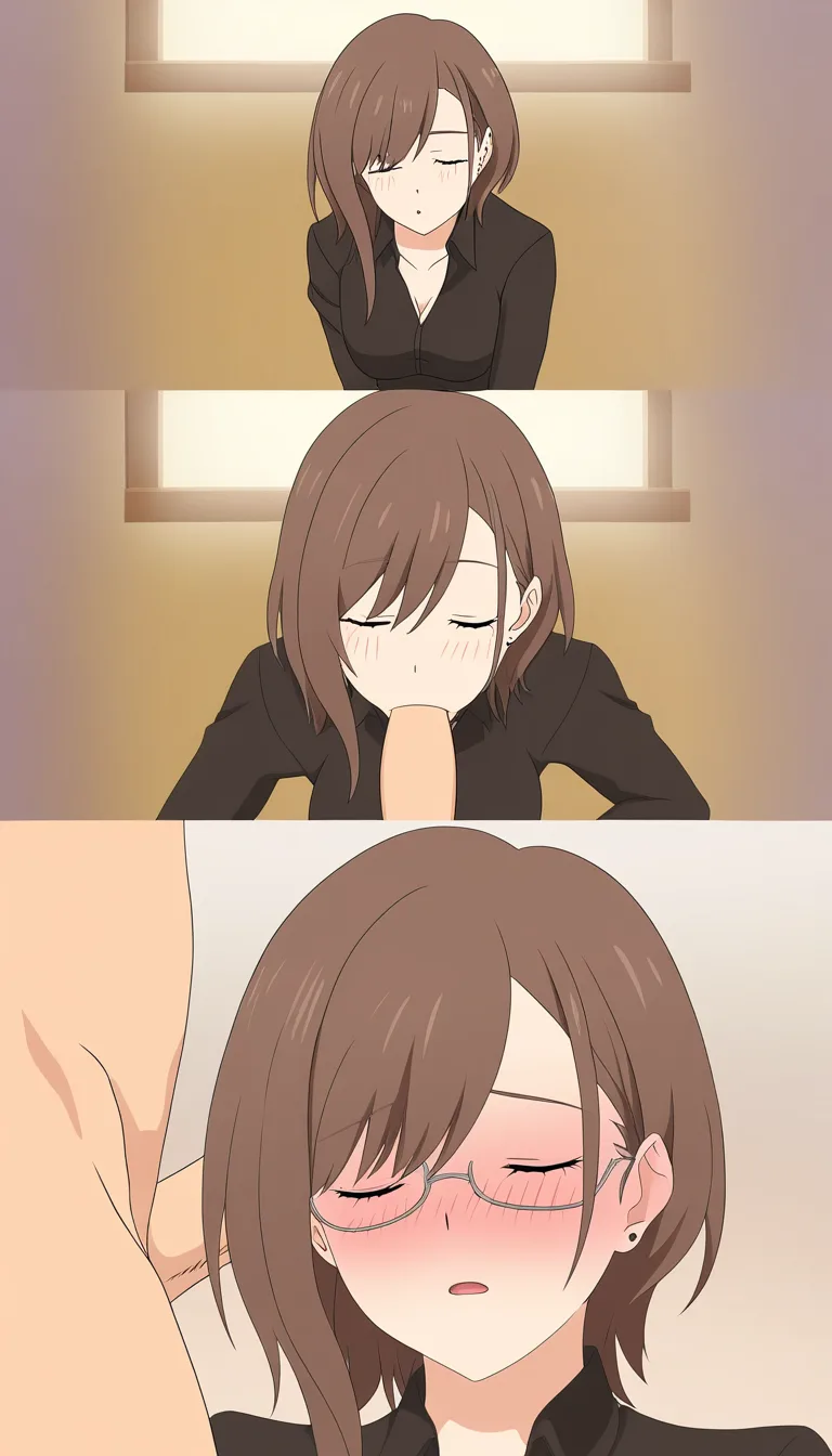 masterpiece, clean art, brunette woman, fellatio, submissive blush, hentai style, (anime style:1.3), 2d, anime screencap, cel shading, flat color, @00osamio00, hentai_studio_quality