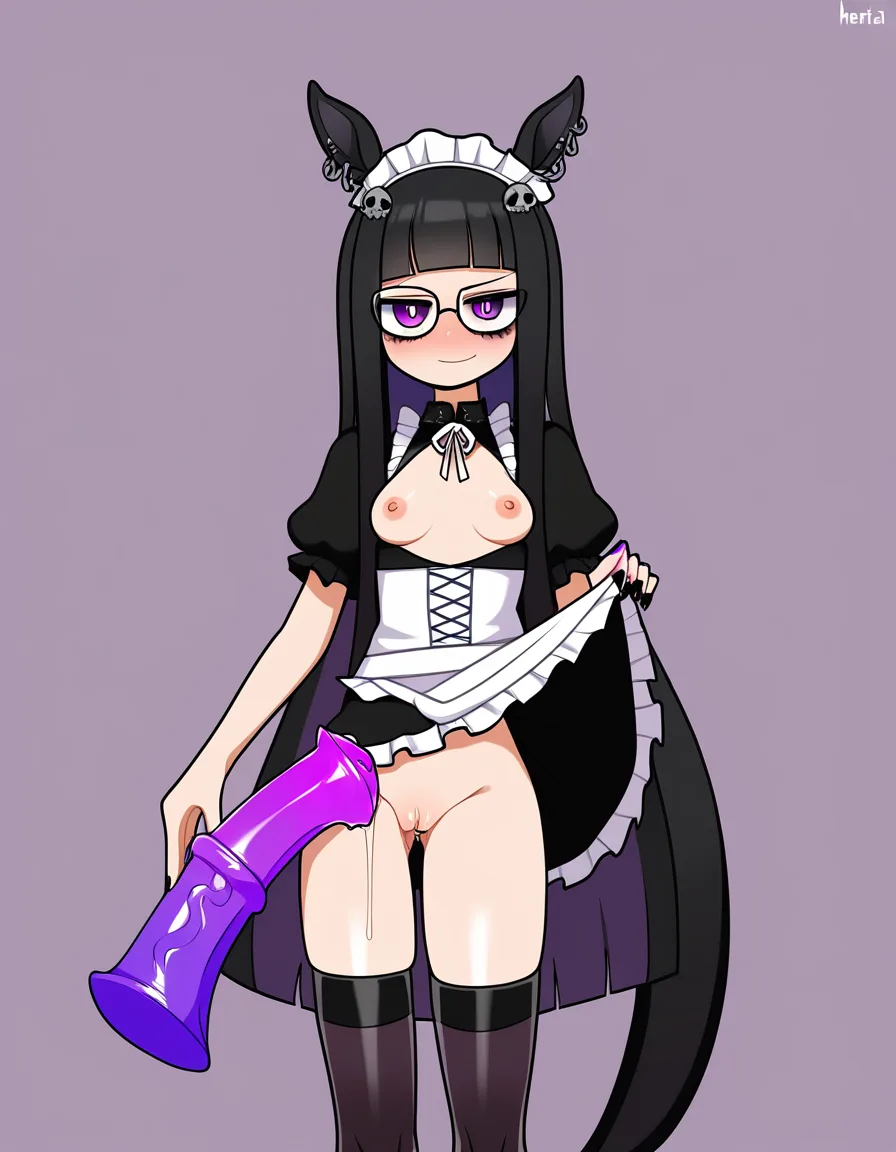 Adorable, goth girl, long hair dyed black, cute, medium tits, glasses, sexy maid outfit, thigh highs, visible wet pussy, horse dildo base-deep in pussy, standing, hentai_studio_quality