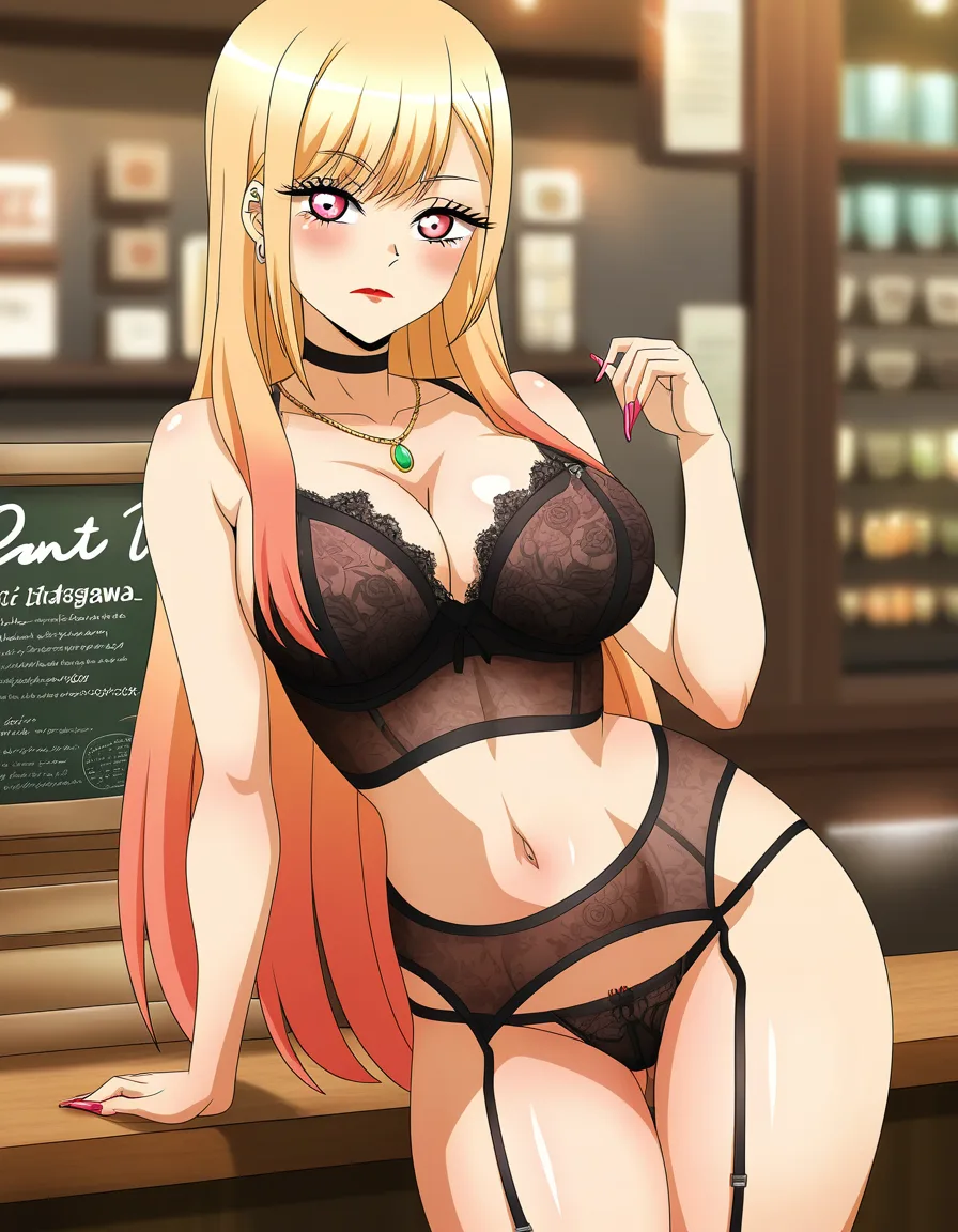 /masterpiece /ultra_detailed /highres @kitagawa_marin  #lingerie #lipstick #makeup #cafe #barista #public_indecency #expressionless #cash_register, hentai_studio_quality