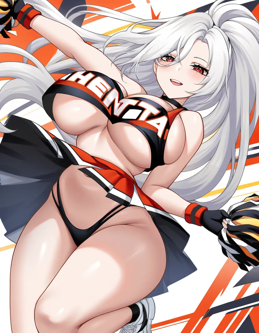 masterpiece, clean art, cheerleader , long hair, white hair, belly, short skirt, skirt , jumping , upskirt , from_side , big breasts large_breasts, choker , black_gloves , black_choker , white half-closed_eyes ,, hentai_studio_quality