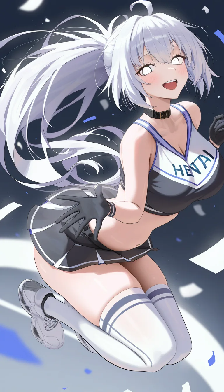 masterpiece, clean art, cheerleader , long hair, white hair, belly, short skirt, skirt , jumping , from_side , big breasts , choker , black_gloves , black_choker , thighhighs, white eyes, ghot girl, full_body, light_smile, pretty body, perspective,, hentai_studio_quality
