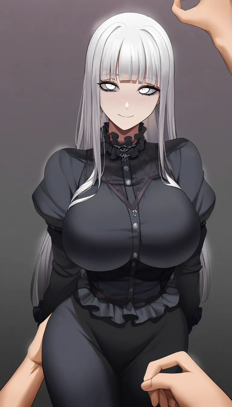 masterpiece, clean art, solo focus, simple background, white hair, suit, blouse, large_breasts , long hair, goth girl, pretty body, full_body hands_on_own_hips, white eyes, perspective, from_side , light_smile, hentai_studio_quality
