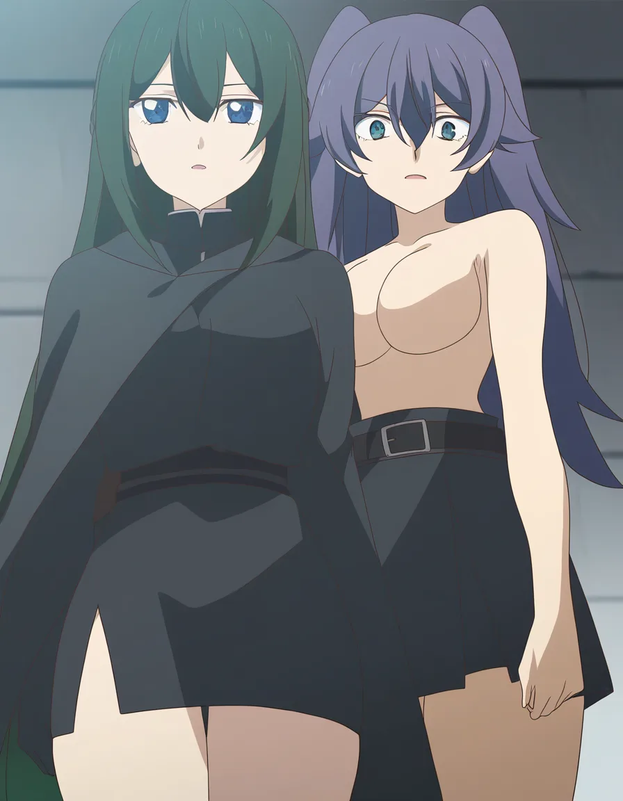 highres, vivid, couple, skindentation, black skirt, topless, dominant stare, eroge aesthetic, (anime style:1.3), 2d, anime screencap, cel shading, flat color