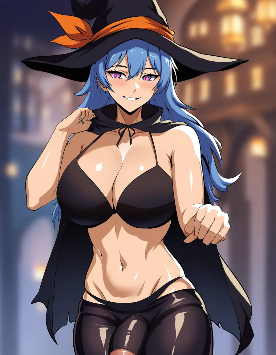highly detailed, sharp, witch, hourglass figure, bikini, futanari, blurry background, vivid anime colors, hentai_studio_quality