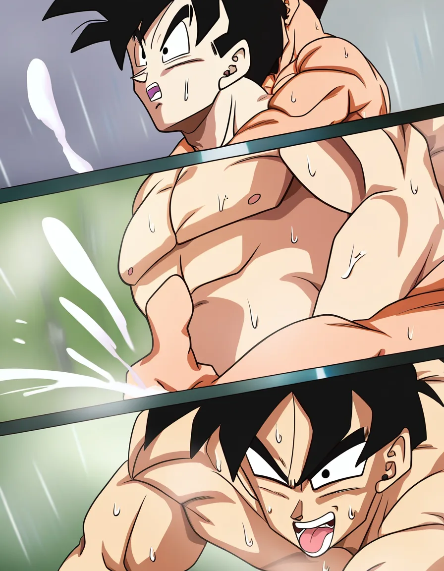 Son Gohan, @Erasa (Dragon ball), nude, grabbing_from_behind, ahegao, on_side, ejaculation, shower, (anime style:1.3), 2d, anime screencap, cel shading, flat color, @00osamio00