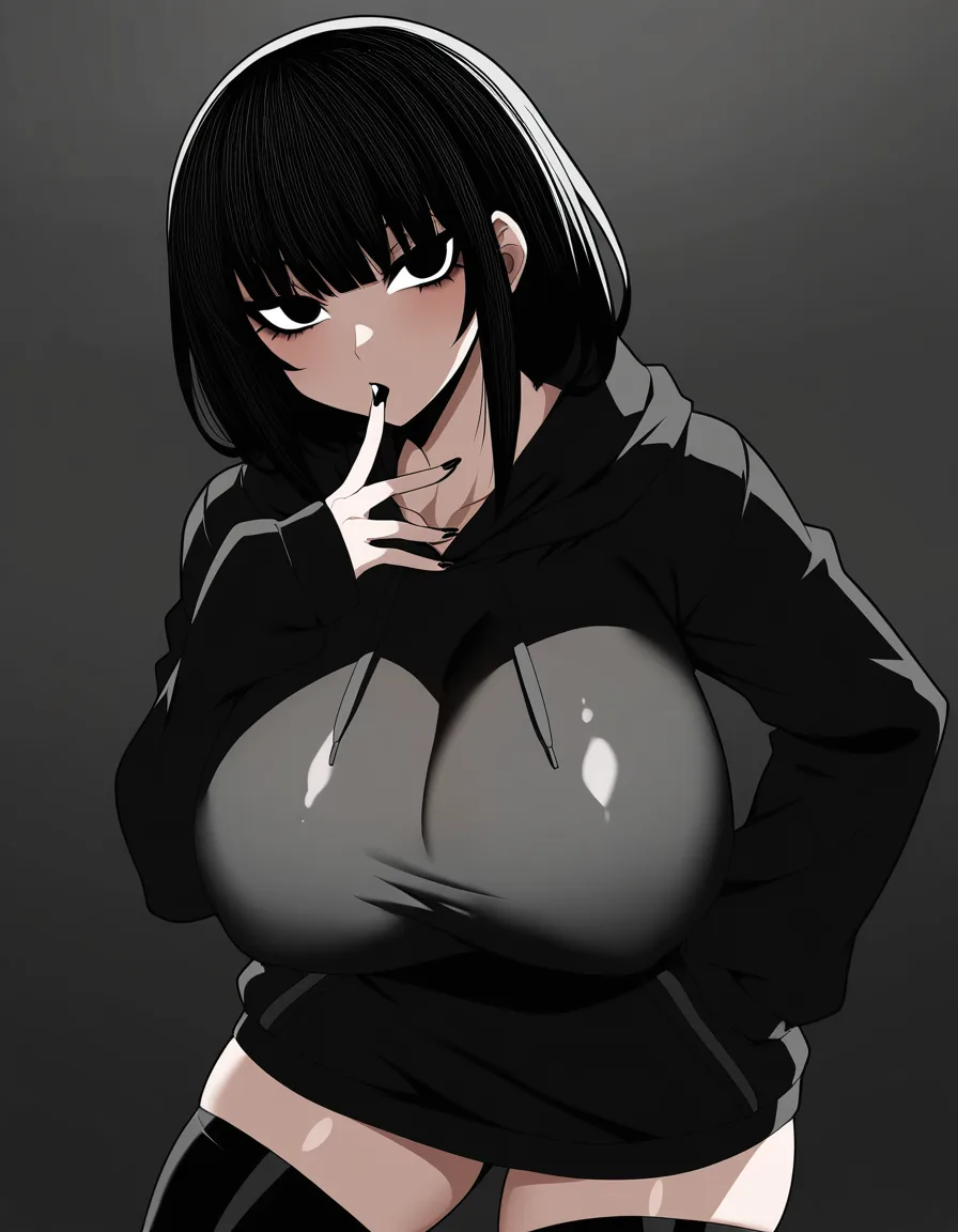 1girl huge_breasts thighhighs black_hair black_eyes black hoodie SOLO - MACRO FINGER LICK, hentai_studio_quality