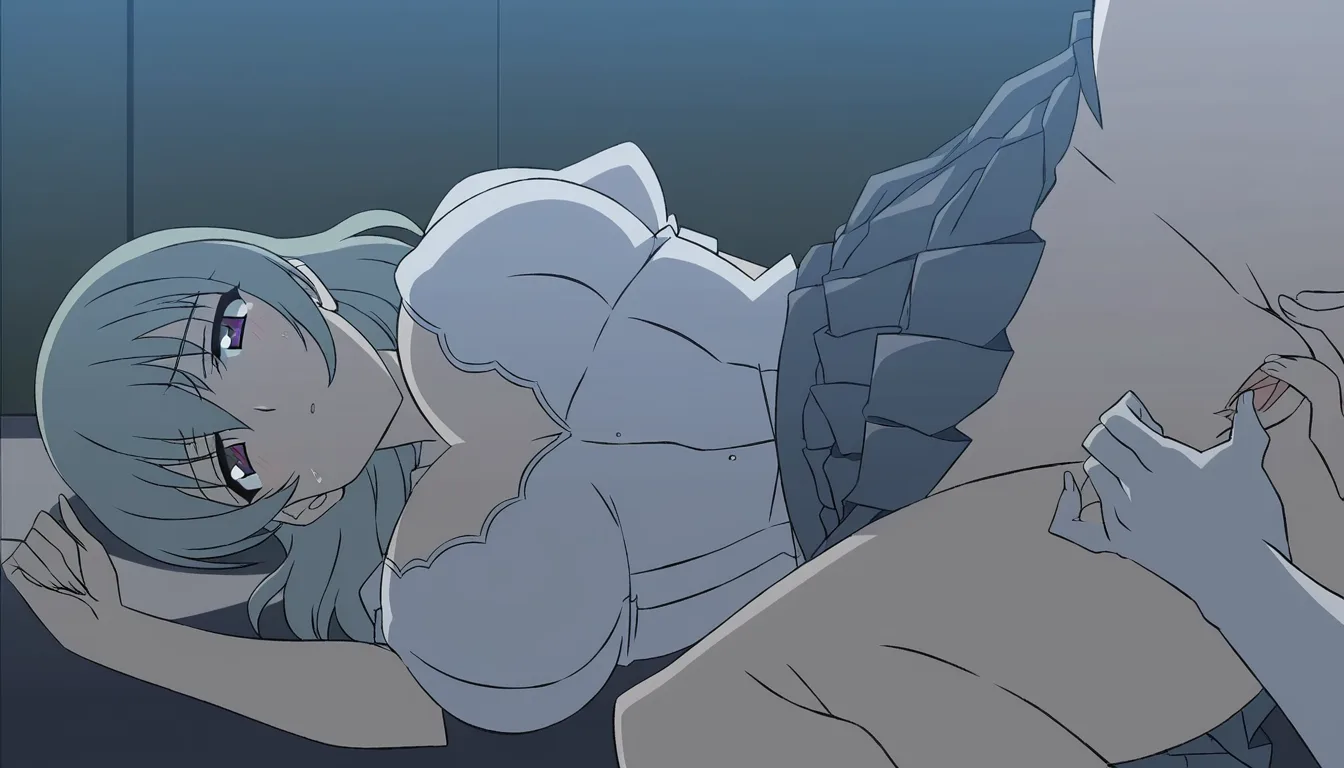 two mature beautiful anime women, elegant adult faces, wearing short pleated skirts and white blouses, indoor room, sensual yuri, one pressing the other against a desk, fingers sliding into wet pussy, skirt lifted, flushed cheeks, large soft breasts, soft lighting, anime style, uncensored, high detail，anime coloring
