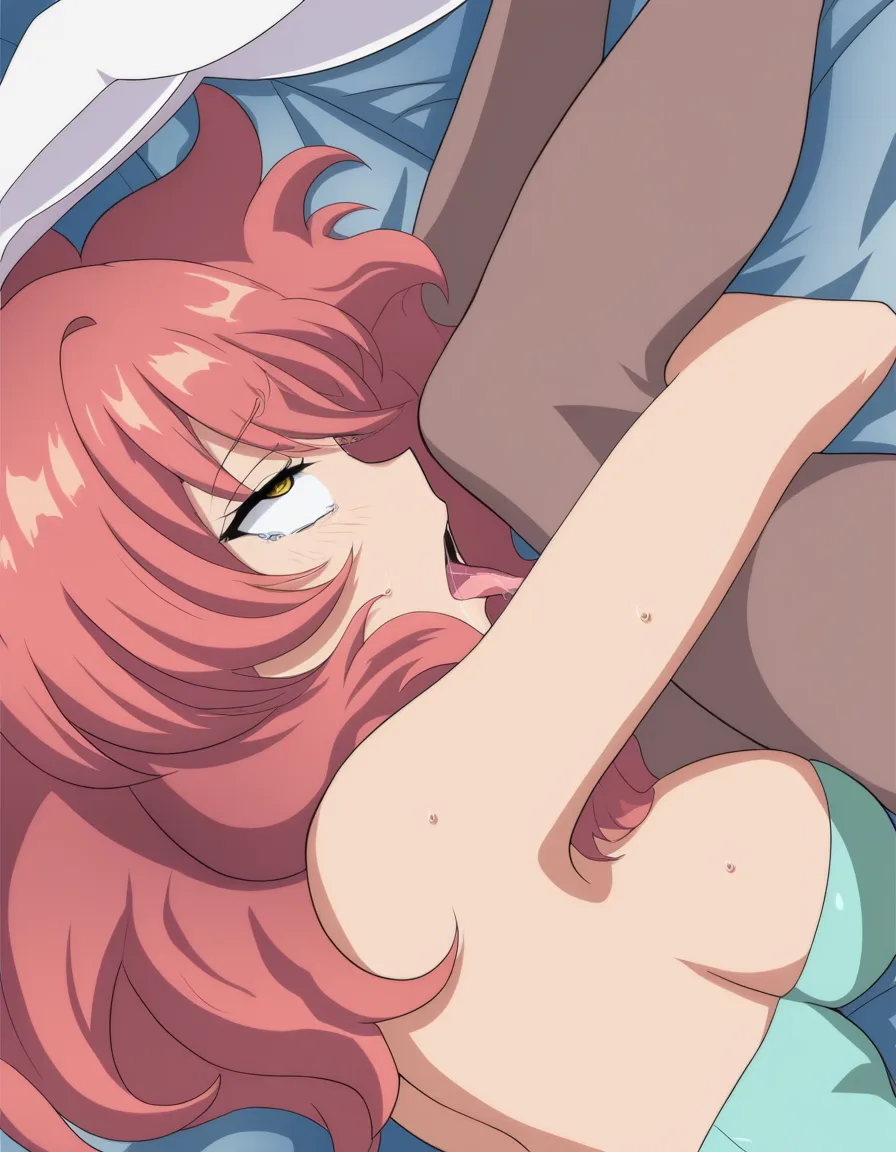 masterpiece, fine detail, bunny girl, lying on bed, ahegao, sideboob, medium hair, transparent background, manga panel look, (anime style:1.3), 2d, anime screencap, cel shading, flat color