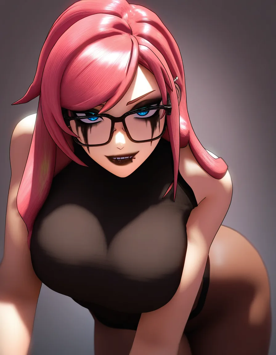 masterpiece, best quality, solo_focus geeky girl with braces makeup lipstick and glasses buchukisu kissing_viewer #sloppy, score_9, score_8, 3d render, octane render, subsurface scattering, ray tracing, smooth shading