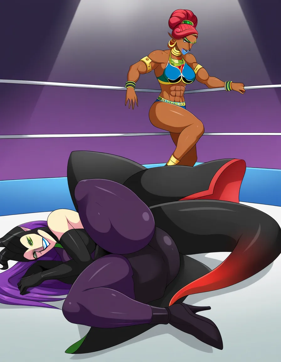 2girls_focus , maleficent standing evil_smile foot_on_opponent, urbosa_crying_on_side_on_floor_curled_up, wrestling_ring,, hentai_studio_quality