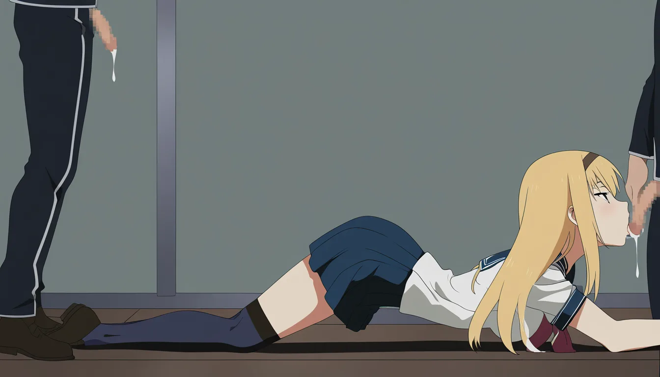 blonde hair slender girl with sailor uniform and skirt,spitroast, all fours, 1girl,2boys,from side