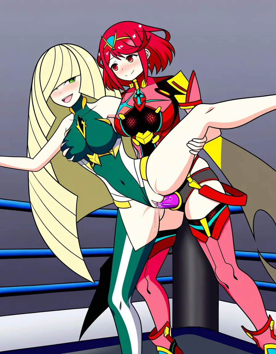 2girls yuri sex , @pyra_(xenoblade) , @lusamine_(pokemon),wrestling_ring , strapon , pussy_juice , orgasm, cumming , grabbing_from_behind leg_lift vaginal_object_insertion, standing_sex, hentai_studio_quality, hentai_studio_quality