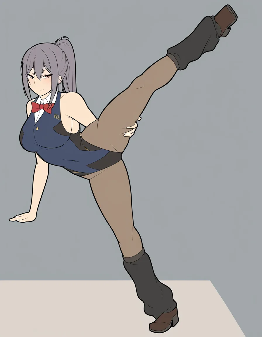 absurdres, highres, solo focus, bowtie, leg up, seductive look, side view, hentai style_parody loose_socks boots, hentai_studio_quality, hentai_studio_quality, hentai_studio_quality