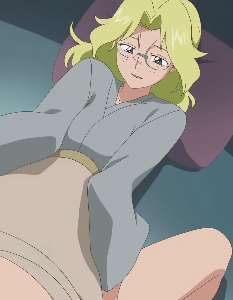 Female, missionary, blonde_hair, medium_hair, freckles, glasses, (anime style:1.3), 2d, anime screencap, cel shading, flat color