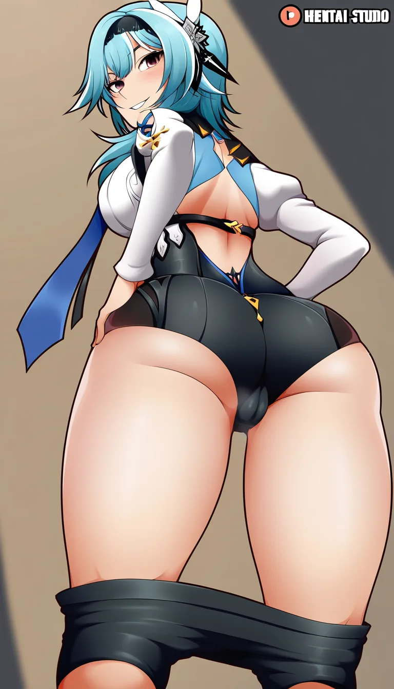 /masterpiece_absurdres /ultra_detailed, Eula Lawrence, from behind,shorts down, panties, Cameltoe, from Below, petite ,Haughty smile, standing . No hentai_studio_quality.,, hentai_studio_quality, hentai_studio_quality