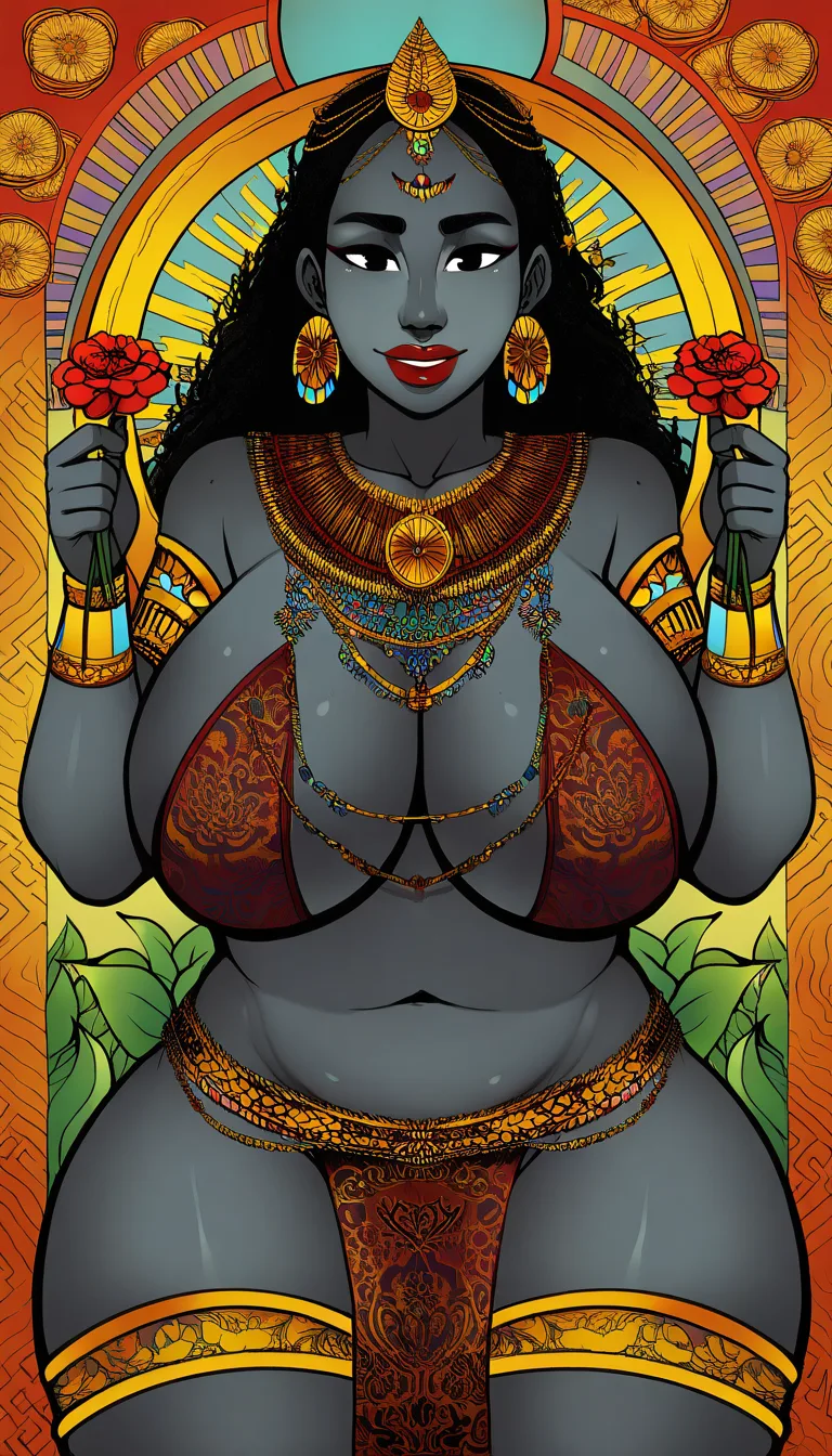 Beautiful, Maa Durga with multiple arms, Mother, Bengali Indian,  Wearing Hindu Goddess Crown, long black curly hair, mid part hairstyle, red lipstick, Big chest, Thick thighs and arms, thick pelvis, bridal Hindu attire, Saree and Blouse with intricate patterns, Adorned Heavily in Indian Ornaments, black eyes, POV Sex, Having sex with viewer, vaginal sex, devine radiance, Calm and Graceful Expression, confident smile with Erotic Expressions, flowers around in Symmetrical order, holding flowers, floral necklace, Mama getting satisfied and happy at climax, Hindu Folk Art