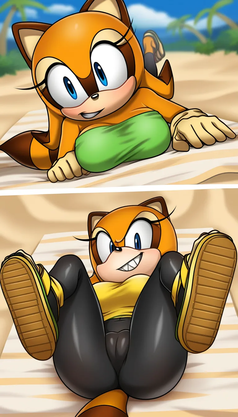 Masterpiece, Original style Marine The Raccoon from Sonic Adventure , let's together, racoon's tail, full body, natural perky medium breasts, lying on blanket, Cameltoe, lime green tube top with white trim, black capri leggings, tan gloves, and lime green closed-toe sandals with white ankle-cuffs, beach background, legs up on air, teeth  soft smile, look at viewer ... single continuous shot, full widescreen view, one single image, uninterrupted scene, no borders, no panels, wide angle cinematic photograph, single perspective, edge-to-edge frame., hentai_studio_quality, hentai_studio_quality, hentai_studio_quality, hentai_studio_quality, hentai_studio_quality