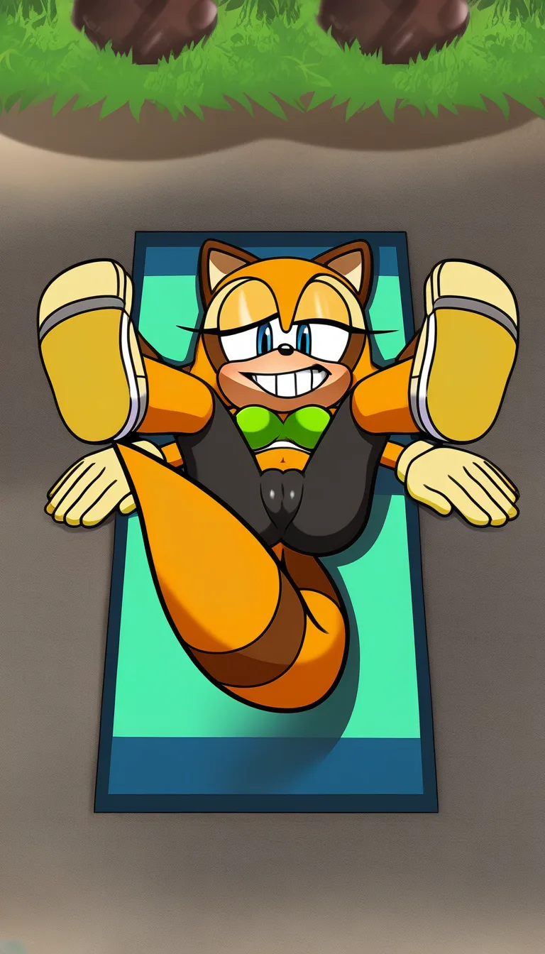 Masterpiece, Original style Marine The Raccoon from Sonic Adventure , let's together, racoon's tail, full body, natural perky medium breasts, lying on blanket, Cameltoe, lime green tube top with white trim, black capri leggings, tan gloves, and lime green closed-toe sandals with white ankle-cuffs, beach background, legs up on air, teeth  soft smile, look at viewer ... single continuous shot, full widescreen view, one single image, uninterrupted scene, no borders, no panels, wide angle cinematic photograph, single perspective, edge-to-edge frame., hentai_studio_quality, hentai_studio_quality, hentai_studio_quality, hentai_studio_quality, hentai_studio_quality, hentai_studio_quality, hentai_studio_quality