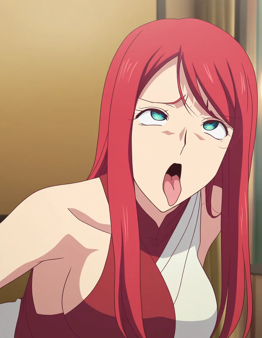ultra detailed, redhead woman, ahegao, sideboob, swept bangs, window, manga panel look, (anime style:1.3), 2d, anime screencap, cel shading, flat color