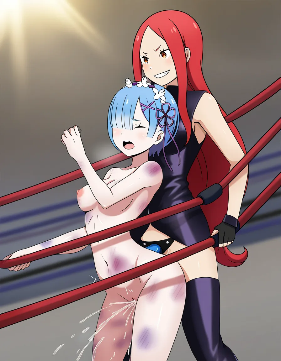 2girls , Best_quality, ultra_detailed, @ram_(re:zero)-blue_hair , @jessie_(pokemon)-red_hair , yuri sex ,wrestling_ring wrestling defeated, pussy_juice squirting orgasm , bruised , strap-on, torn_clothes wince, standing_sex, hentai_studio_quality, hentai_studio_quality