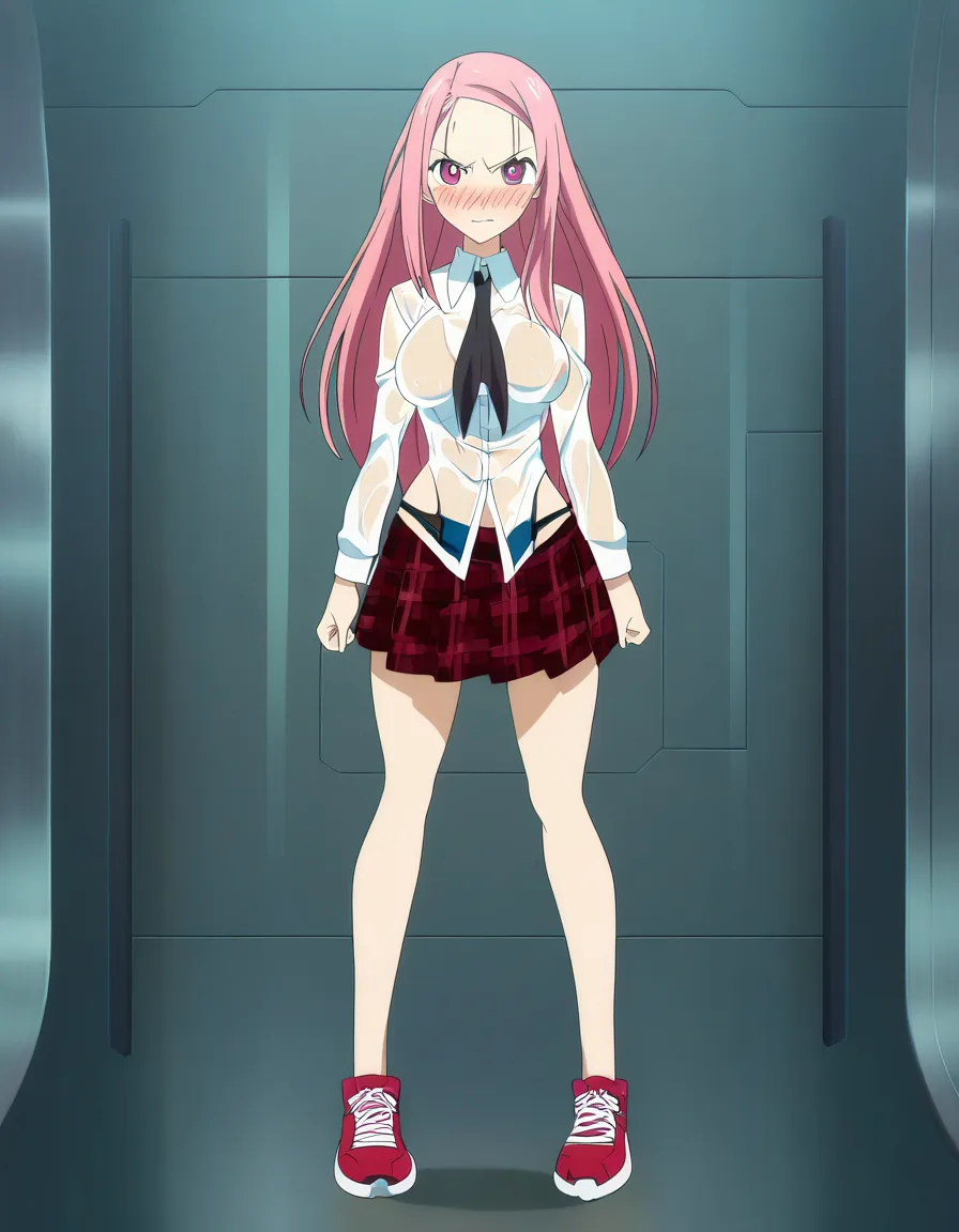 absurdres, highres, nervous blush, dress_shirt, front-tie_top, black and red plaid_skirt, miniskirt, low-rise_skirt, athletic, abs, rose pink_hair, long_hair, straight_hair, exposed forehead, light teal blue highleg_panties, black with red sneakers, royal purple_eyes, straight-on, full_body. medium_breasts, 1girl, solo_focus, female_focus, no_bra, pleated_skirt, wet_shirt, see-through_shirt, (anime style:1.3), 2d, anime screencap, cel shading, flat color