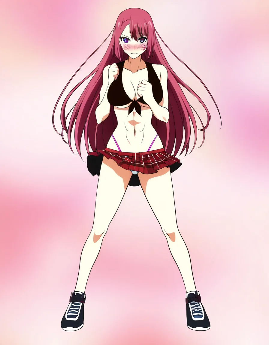 absurdres, highres, nervous blush, (front-tie_top, black and red plaid_skirt, miniskirt, low-rise_skirt, pleated_skirt light teal highleg_panties, thong, black and red hightop_sneakers) athletic, abs, (rose pink_hair, long_hair, straight_hair, exposed forehead,) royal purple_eyes, (straight-on, full_body. medium_breasts, 1girl, solo_focus, female_focus, no_bra,), (anime style:1.3), 2d, anime screencap, cel shading, flat color, hentai_studio_quality
