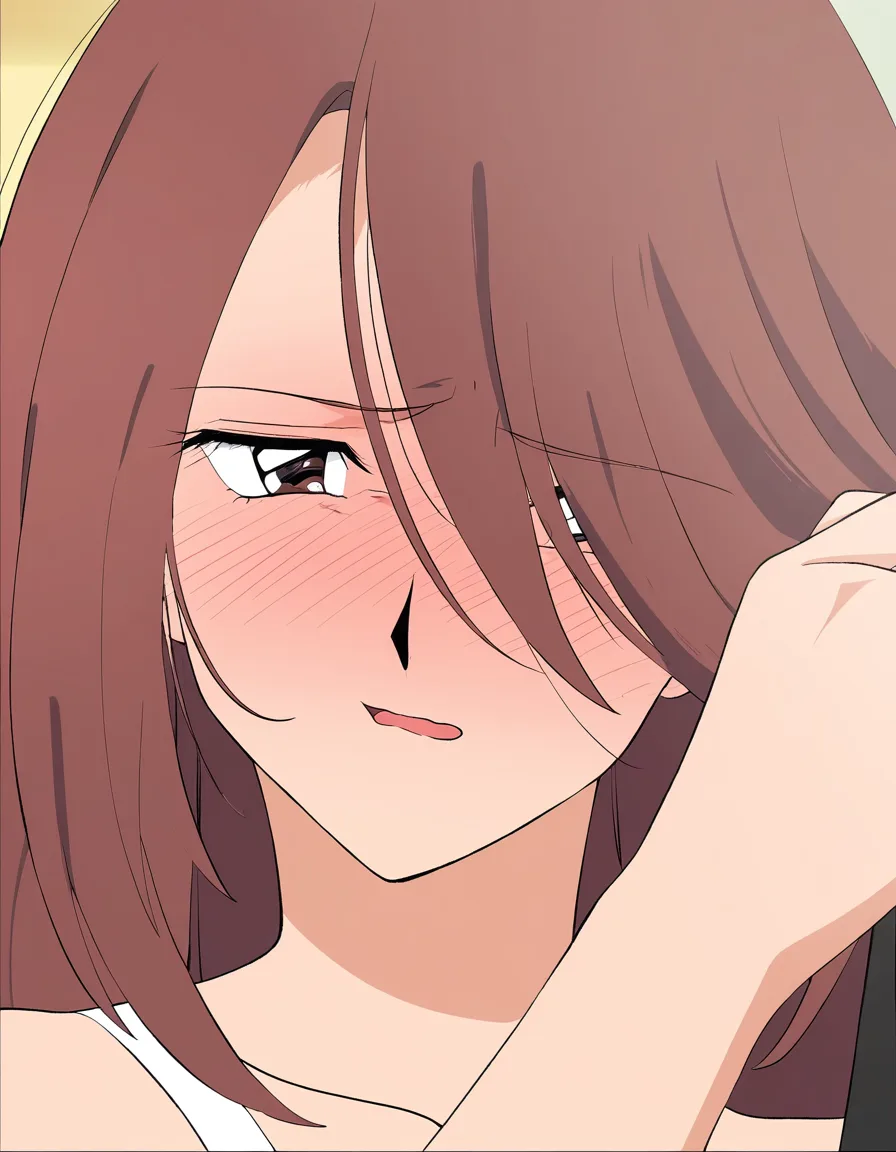 1girl mature woman age 30 chestnut brown shoulder-length hair blushing shy annoyed face close-up, white camisole, colorful anime manga, adult face, normal anatomy, (anime style:1.3), 2d, anime screencap, cel shading, flat color, @00osamio00
