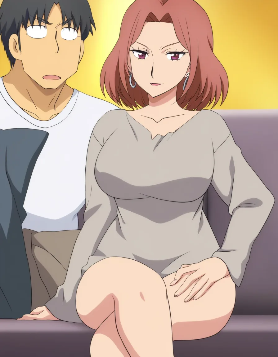 close-up, masculine hand of man age 33, grey shirt sleeve, hand on bare thigh of mature woman age 30, adult woman, chestnut hair edge, oversized t-shirt, sofa, colorful erotic manga, normal anatomy, two people, developed adult body, (anime style:1.3), 2d, anime screencap, cel shading, flat color, @00osamio00