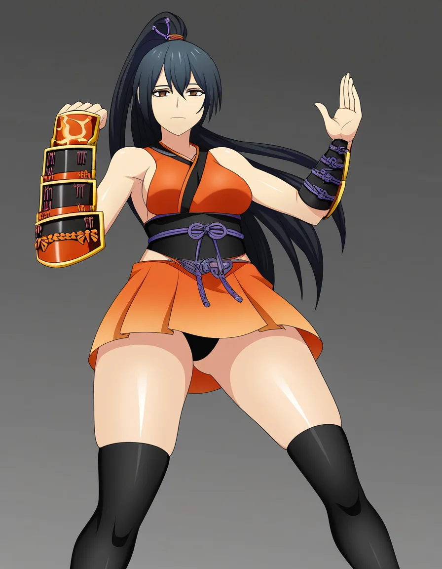 kaede_(onimusha_warloads) female kunoichi orange_clothes japanese_clothes orange_mini_skirt black_hair ponytail_is_very_short, bare_shoulders bare_thigh, brown_eyes,gauntlet, thighhighs, hentai_studio_quality, hentai_studio_quality, hentai_studio_quality