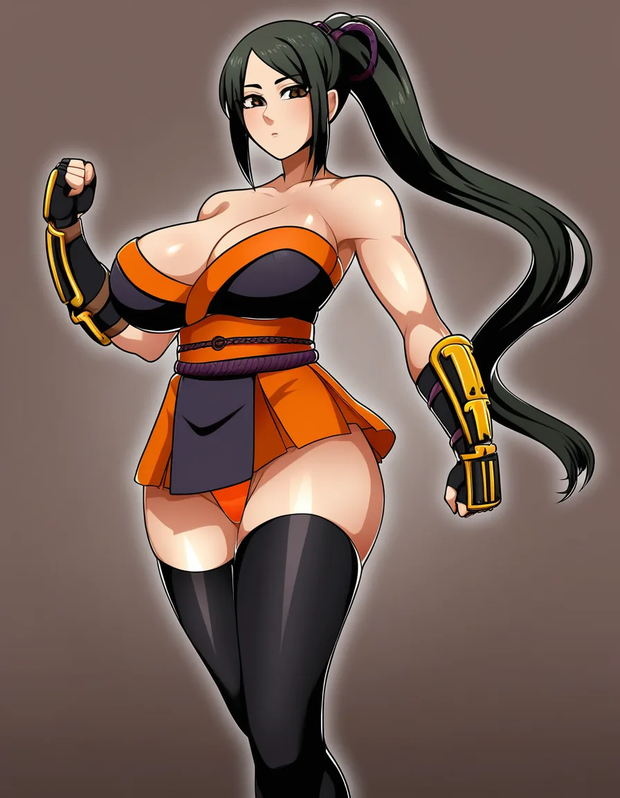 kaede_(onimusha_warloads) female ninja orange_clothes japanese_clothes orange_mini_skirt black_hair short_hair low_ponytail short_ponytail, bare_shoulders bare_thigh, brown_eyes,gauntlet, thighhighs,, large_breasts, hentai_studio_quality, upper_body_black_inner, orange_panties, hentai_studio_quality