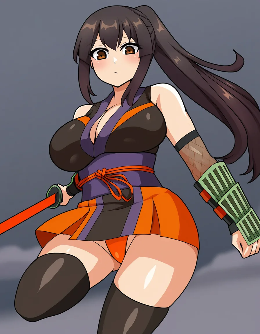 kaede_(onimusha_warloads) female ninja orange_clothes japanese_clothes orange_mini_skirt black_hair short_hair low_ponytail short_ponytail, bare_shoulders bare_thigh, brown_eyes,gauntlet, thighhighs,, large_breasts, hentai_studio_quality, upper_body_black_inner, orange_panties, hentai_studio_quality, hentai_studio_quality