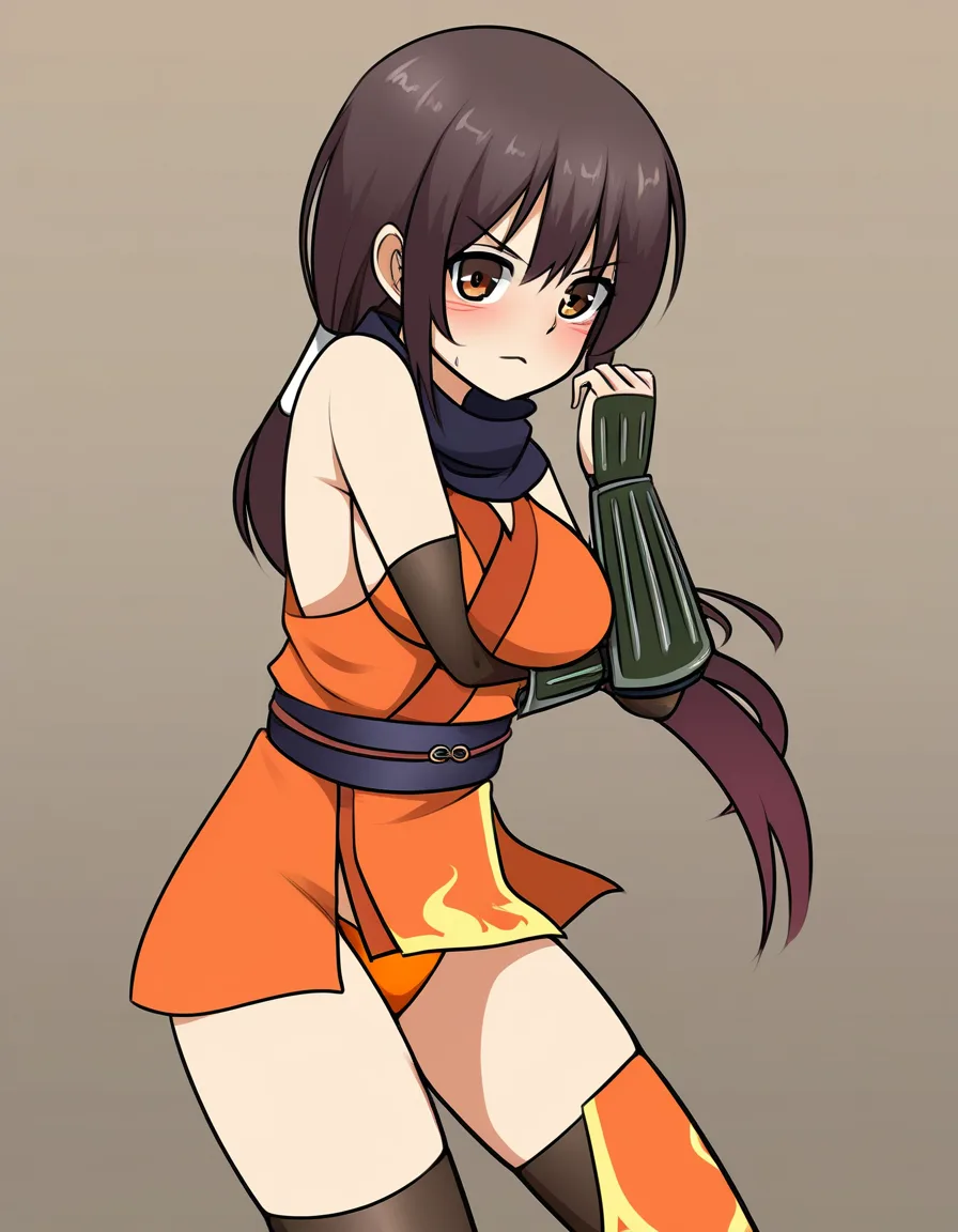 kaede_(onimusha_warloads) female ninja orange_clothes japanese_clothes orange_mini_skirt black_hair short_hair low_ponytail short_ponytail, bare_shoulders bare_thigh, brown_eyes,gauntlet, thighhighs,, large_breasts, hentai_studio_quality, upper_body_black_inner, orange_panties, hentai_studio_quality, hentai_studio_quality, hentai_studio_quality