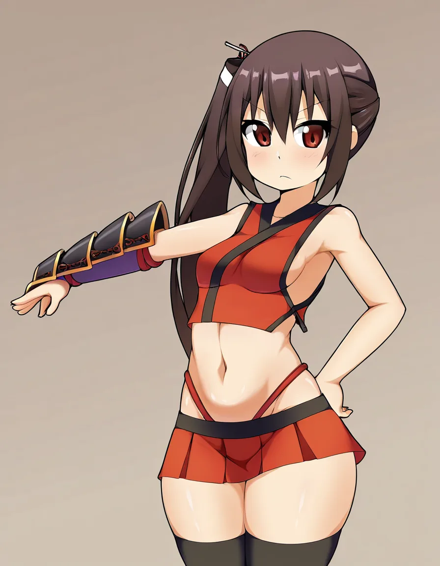 akane_onimusha_dawn_of_dreams female samurai cherry_pink_vest japanese_clothes (mini_skirt) black_hair (((left_side_ponytail)))bare_thigh, red_right_eye brown_left_eye ,gauntlet, thighhighs,, small_breasts upper_body_black_inner, thick_thighs, curvy (height_150cm),, hentai_studio_quality, hentai_studio_quality, hentai_studio_quality, hentai_studio_quality, hentai_studio_quality, hentai_studio_quality, hentai_studio_quality