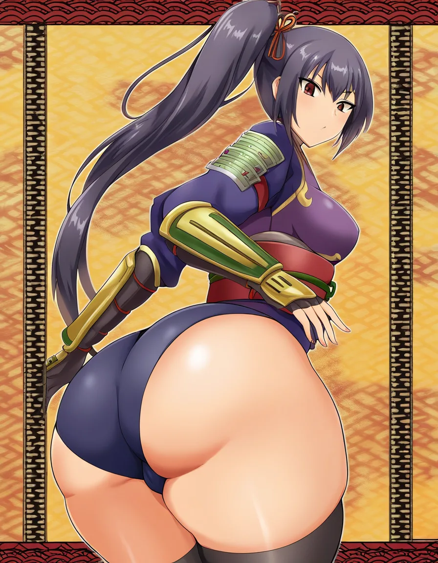 yagyu_jubei_akane_onimusha_dawn_of_dreams 1girl cherry_pink_vest japanese_clothes black_hair long_hair (((left_side_ponytail)))bare_thigh, ,gauntlet, thighhighs,, small_breasts upper_body_black_inner, thick_thighs, (height_150cm),, red_eye,, buruma huge_ass from_behind, hentai_studio_quality, hentai_studio_quality, hentai_studio_quality, hentai_studio_quality