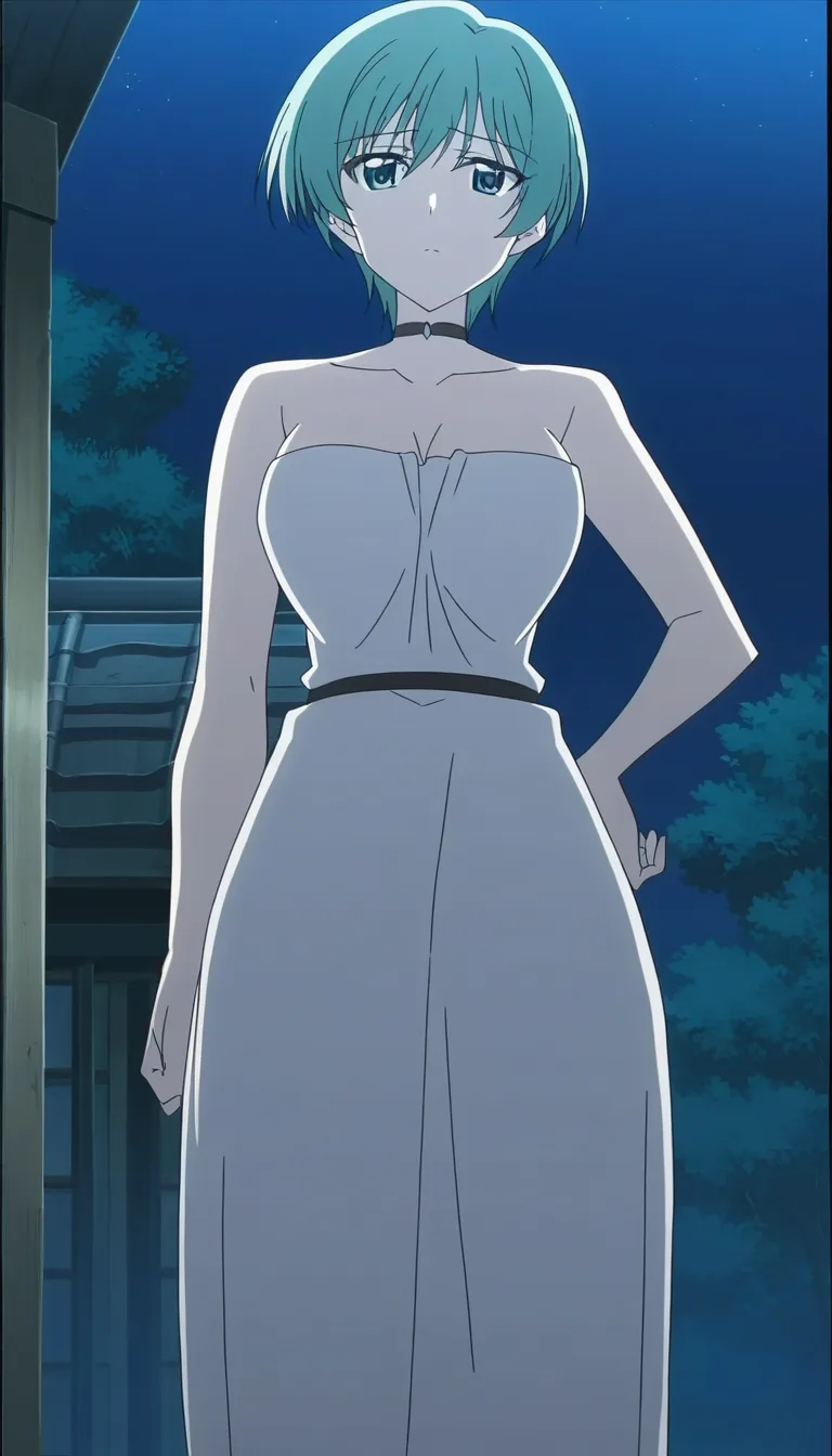 highres, sharp lines, mature female, standing sex, hand on own hip, choker, night, 2D illustration