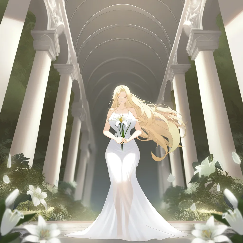 masterpiece, best quality, ultra-detailed, 8k uhd, anime style, 1girl, mature female, milf, beautiful detailed face, seductive smile, half-closed eyes, long blonde hair, wavy hair, hair flowing in wind, standing, full body, white dress, greek goddess dress, flowing white gown, toga, see-through silhouette, holding flower, white lily, lily stems in both hands, elegant pose, marble pergola, ancient greek architecture, white columns, winding branches, lily leaves, garden background, soft lighting, cinematic composition, depth of field, detailed background, ethereal atmosphere ESTAIDECURLOMNATIODSTRACHURPERWELIELLARNIRMIMICALIRLEGRATELLESTE, hentai_studio_quality