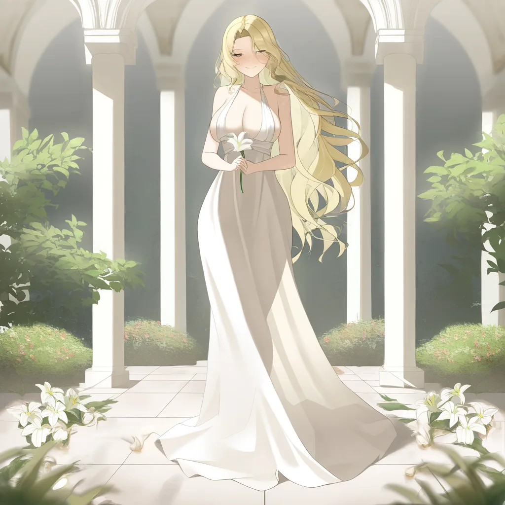 masterpiece, best quality, ultra-detailed, 8k uhd, anime style, 1girl, mature female, milf, beautiful detailed face, seductive smile, half-closed eyes, long blonde hair, wavy hair, hair flowing in wind, standing, full body, white dress, greek goddess dress, flowing white gown, toga, see-through silhouette, holding flower, white lily, lily stems in both hands, elegant pose, marble pergola, ancient greek architecture, white columns, winding branches, lily leaves, garden background, soft lighting, cinematic composition, depth of field, detailed background, ethereal atmosphere AUCISIDISMOKILOADOUTINCEDUCKESINGSHERSORSHINGSFIESTONBROTHERSIDE, hentai_studio_quality