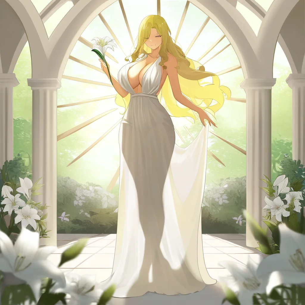 masterpiece, best quality, ultra-detailed, 8k uhd, anime style, 1girl, mature female, milf, beautiful detailed face, seductive smile, half-closed eyes, long blonde hair, wavy hair, hair flowing in wind, standing, full body, white dress, greek goddess dress, flowing white gown, toga, see-through silhouette, holding flower, white lily, lily stems in both hands, elegant pose, marble pergola, ancient greek architecture, white columns, winding branches, lily leaves, garden background, soft lighting, cinematic composition, depth of field, detailed background, ethereal atmosphere WHICESSINGSHOSEMONCERSUATEDIVELYNGSHSASTASSILTSHEREVELLEDLERYINK, hentai_studio_quality