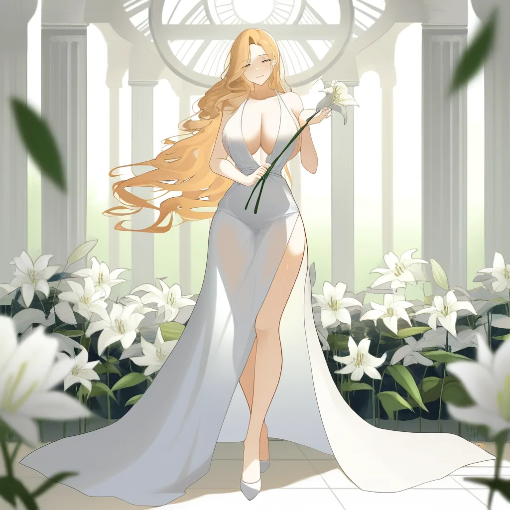masterpiece, best quality, ultra-detailed, 8k uhd, anime style, 1girl, mature female, milf, beautiful detailed face, seductive smile, half-closed eyes, long blonde hair, wavy hair, hair flowing in wind, standing, full body, white dress, greek goddess dress, flowing white gown, toga, see-through silhouette, holding flower, white lily, lily stems in both hands, elegant pose, marble pergola, ancient greek architecture, white columns, winding branches, lily leaves, garden background, soft lighting, cinematic composition, depth of field, detailed background, ethereal atmosphere ETIVERETTLINGINGHTFERPOSINTRAISCROGRAPTIREOCKETHETOOTLYEURAGINSI, hentai_studio_quality