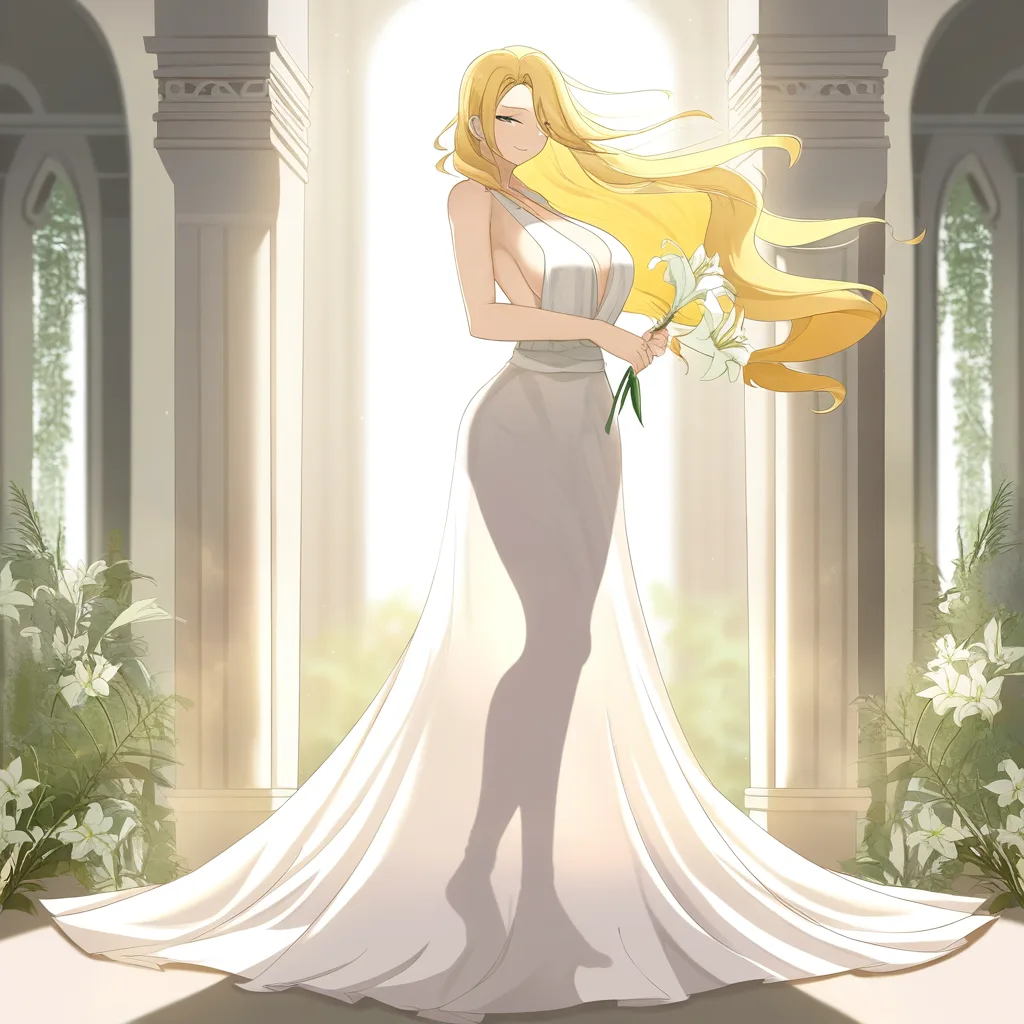 masterpiece, best quality, ultra-detailed, 8k uhd, anime style, 1girl, mature female, milf, beautiful detailed face, seductive smile, half-closed eyes, long blonde hair, wavy hair, hair flowing in wind, standing, full body, white dress, greek goddess dress, flowing white gown, toga, see-through silhouette, holding flower, white lily, lily stems in both hands, elegant pose, marble pergola, ancient greek architecture, white columns, winding branches, lily leaves, garden background, soft lighting, cinematic composition, depth of field, detailed background, ethereal atmosphere IESTSMSHLYHOPREARLEDECOUSENTESOINTECLEDERFEANTOMBIREDINGSFERILES, hentai_studio_quality