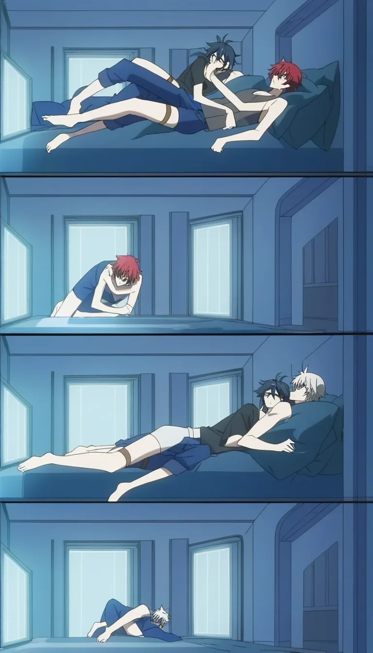 ultra HD, lifelike, 2boys, thigh strap, food, spooning, pillow, window light, film photography