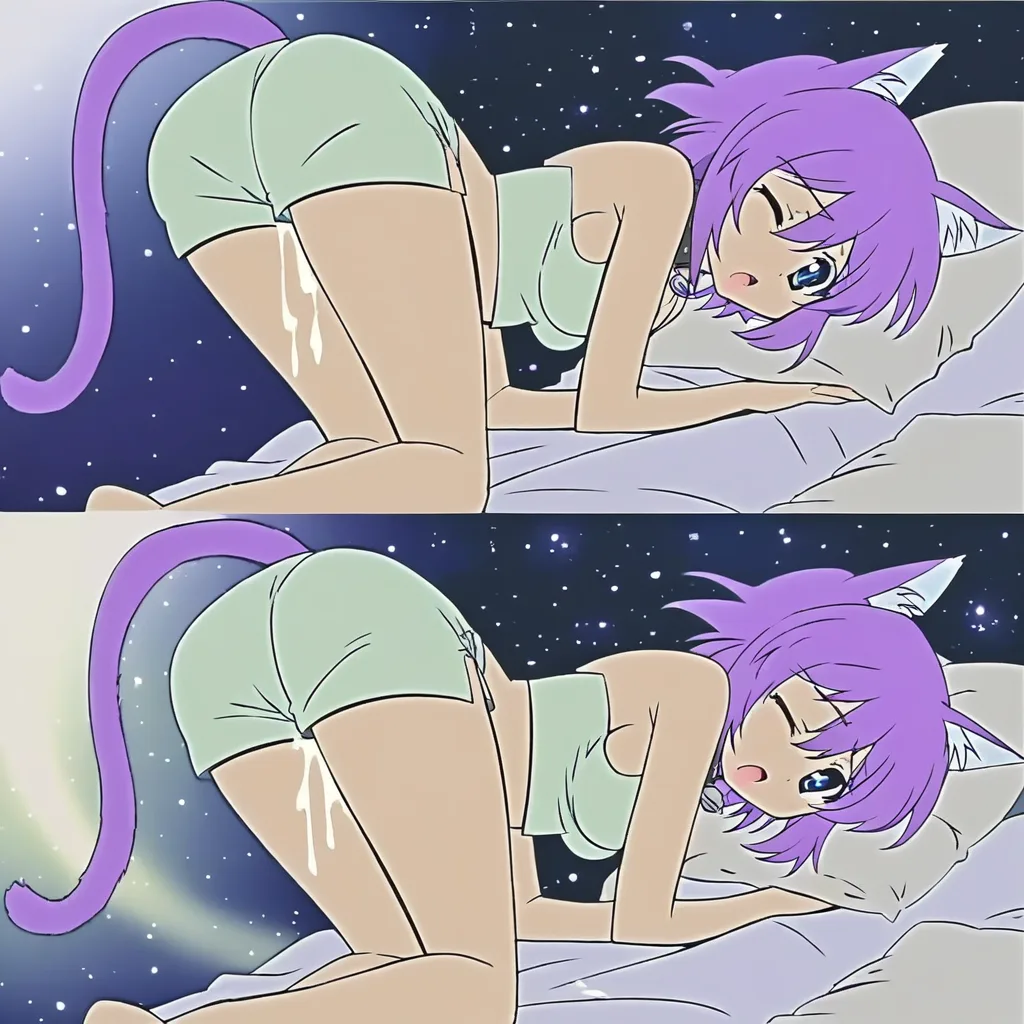 purple_hair, cat_ears, cat_tail, shorts, crop_top, moaning, cum_overflow, space, bedroom, on_bed, one_eye_closed, bent_over