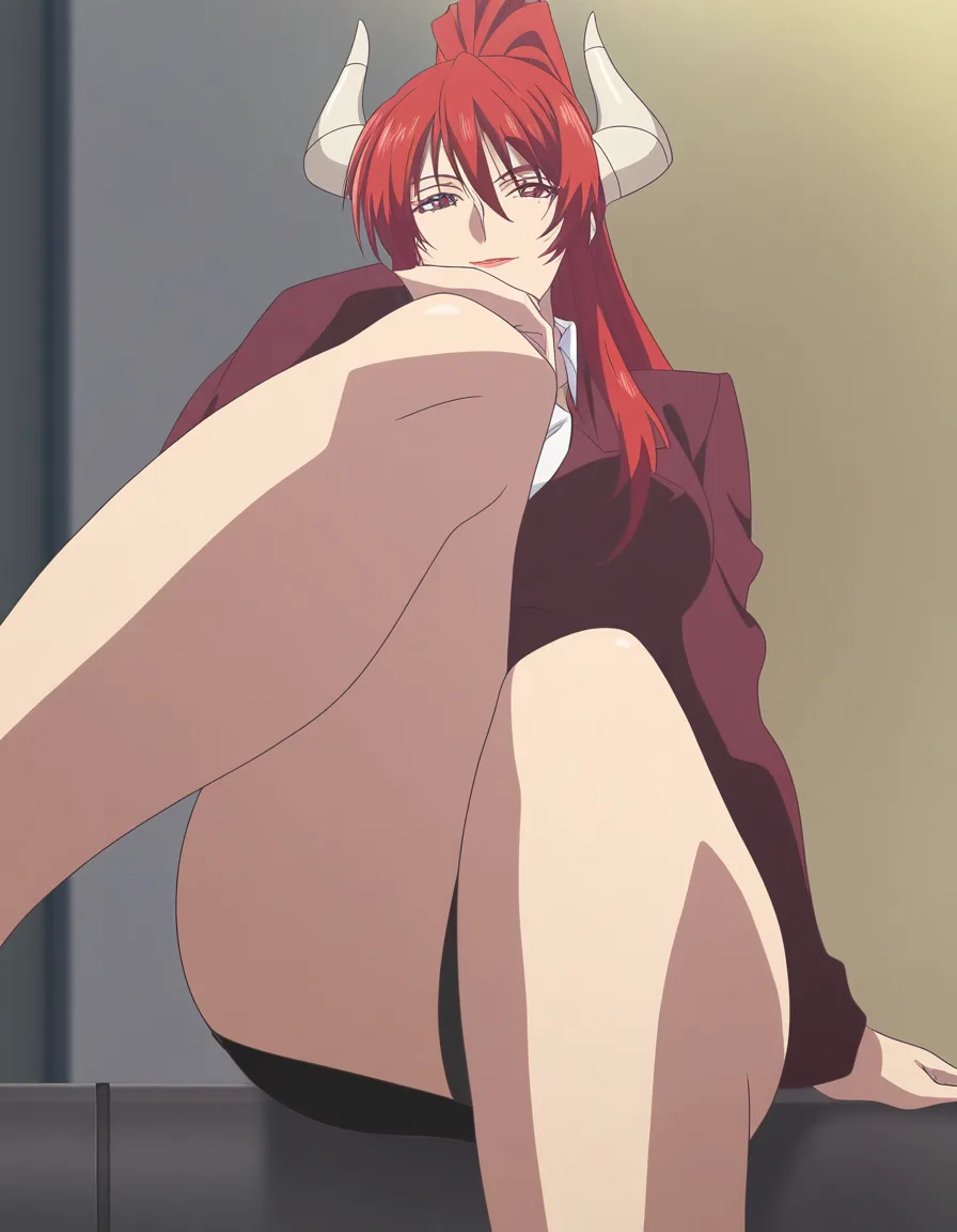professional photo, high detail, mature female, ponytail, horns, leg up, natural skin texture, (anime style:1.3), 2d, anime screencap, cel shading, flat color