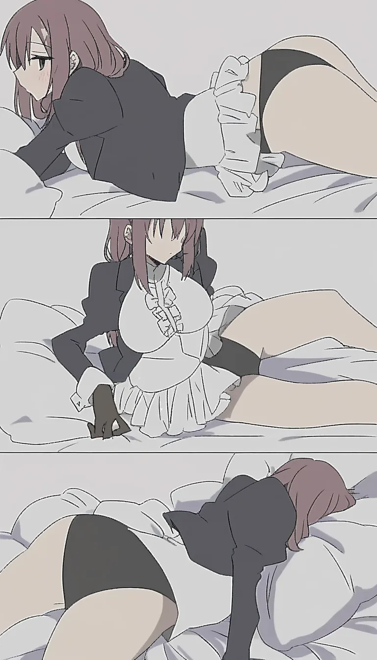 best quality, polished, brunette woman, frills, arching back, on bed, wild energy, visual novel art