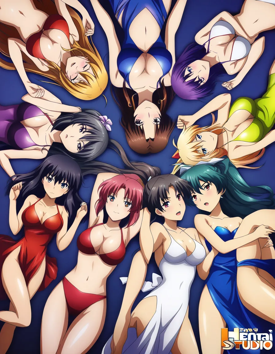 ultra detailed shading, 6+girls, cocktail dress, missionary, intense passion, vivid anime colors, hentai_studio_quality